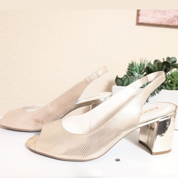 Anne Klein Slingback Open Toe Leather Chunky Heel Pale Gold, Sz 8.5 NWOT - Picture 3 of 13
